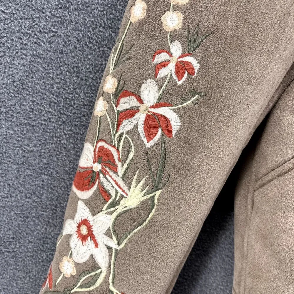 DRIFTWOOD Jacket womens Small faux suede beige embroidered sleeves Fleece lined - Picture 8 of 16